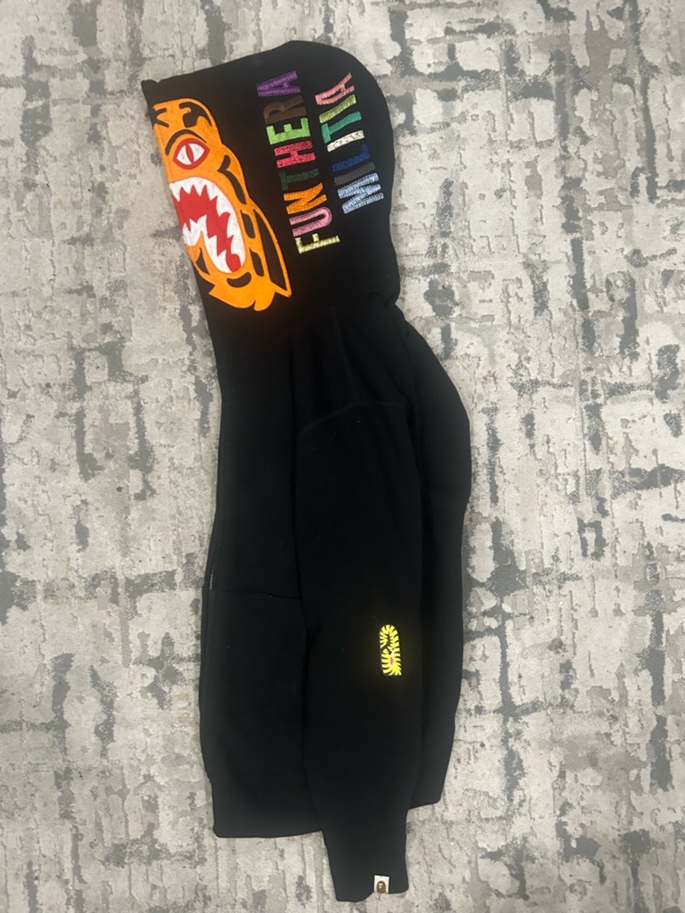 Bape Black Hoodie with Multicolor Shark & Text Embroidery